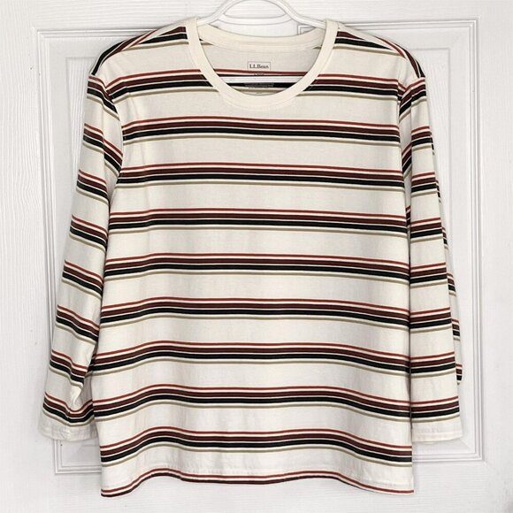 LL Bean Womens T Shirt sz L-Reg 100% Cotton 3/4 Sleeve Striped Gorpcore - Picture 1 of 3